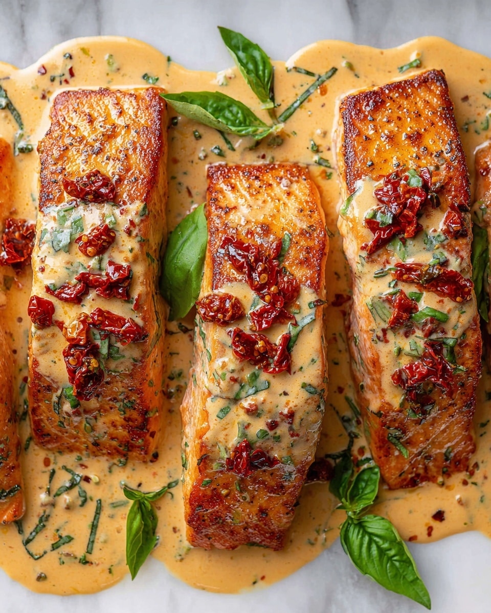 Four pieces of cooked salmon fillets are shown, each with a golden brown top layer and covered in a creamy, light orange sauce mixed with small pieces of red tomatoes and finely chopped herbs. The sauce has a slightly thick texture, pooling gently around the salmon, with fresh green basil leaves scattered on top, adding a touch of color contrast. The close-up view captures the rich texture of the sauce and the delicate flakiness of the fish visible at the edges. The dish rests on a white marbled surface. photo taken with an iphone --ar 4:5 --v 7