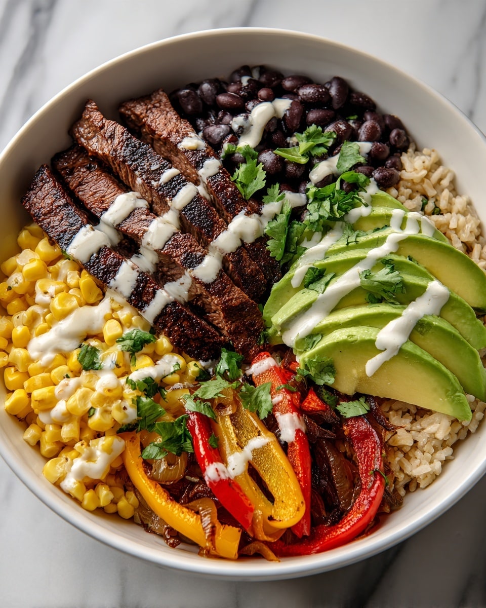 A white round plate on a white marbled surface holds a colorful layered meal: at the bottom, a layer of light brown rice spreads across the plate. On top, there is a section of bright yellow corn kernels, next to a pile of dark purple black beans drizzled with white sauce. Beside that, slices of red and yellow cooked bell peppers mixed with translucent cooked onion strips add color. On the other side, vibrant green avocado slices fan out, garnished with small green herb pieces. Above the avocado and beans, several medium-thick slices of cooked steak with a brown crispy outside and pinkish inside are laid flat, also sprinkled with green herbs. A spoon is pouring white sauce over the black beans. photo taken with an iphone --ar 4:5 --v 7