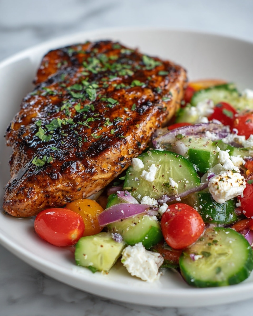 A white plate with a grilled chicken piece on top, showing a golden brown and slightly charred surface sprinkled with green herbs; beneath the chicken, there is a colorful mix of chopped vegetables including bright green zucchini slices, red cherry tomato halves, chunks of yellow pineapple, purple onion pieces, and crumbles of white cheese, all tossed together and lightly seasoned, set against a white marbled surface in soft natural light, photo taken with an iphone --ar 4:5 --v 7