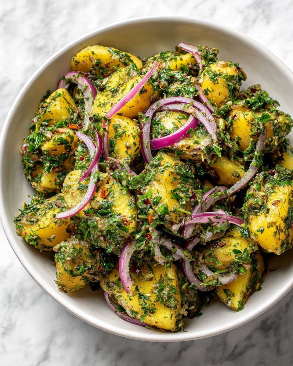 This dish shows a single white bowl filled with halved yellow potatoes coated in a green herb sauce, giving them a fresh, textured look. Thinly sliced red onions are scattered on top and around the potatoes, adding a soft pink color and a slightly translucent texture. Small green dill sprigs and red chili flakes are sprinkled throughout, adding more color and visual interest. The bowl sits on a white marbled surface that contrasts softly with the vibrant colors of the food. photo taken with an iphone --ar 4:5 --v 7