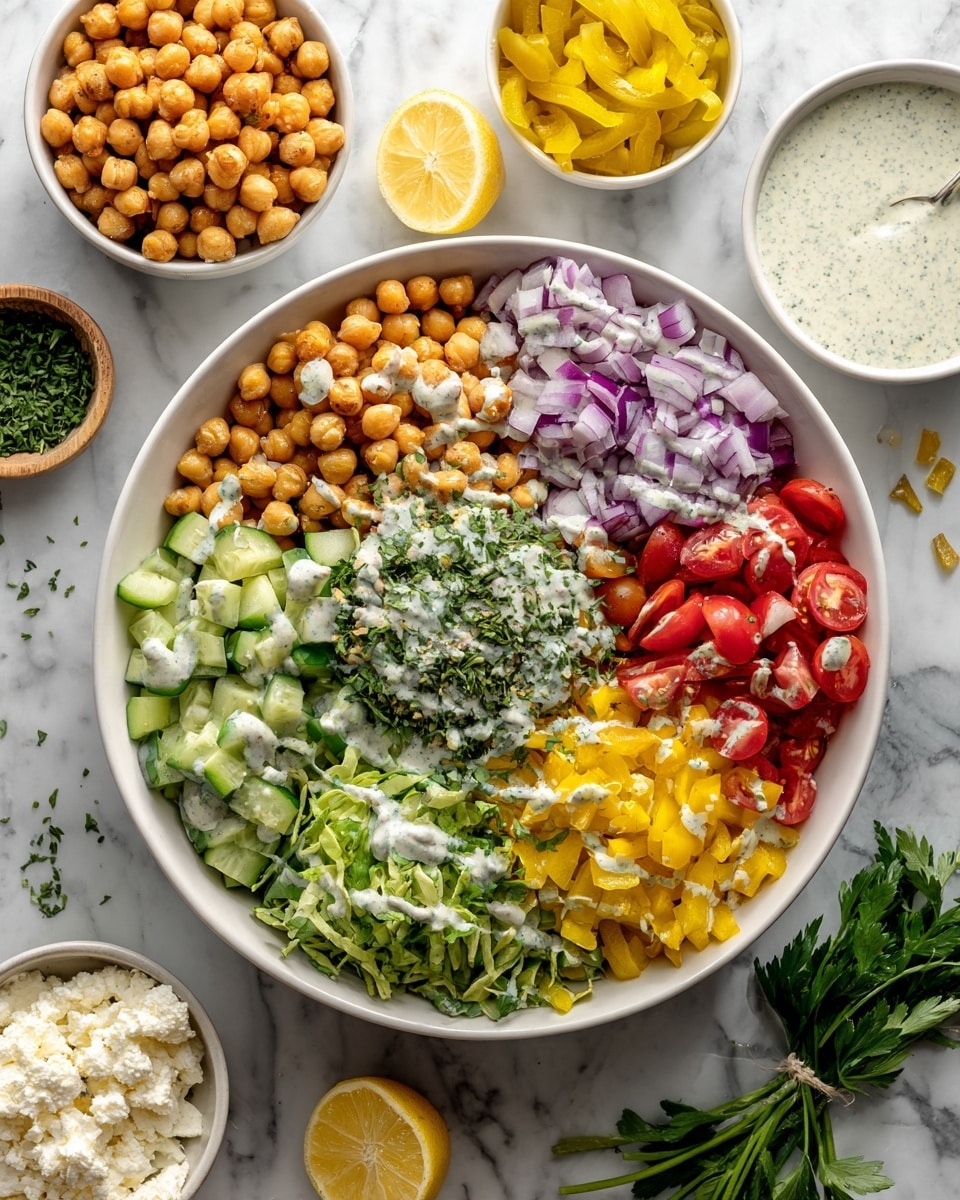 A large white bowl filled with a colorful layered salad, arranged in sections: light green chopped cucumbers and dark green leafy greens on one side, bright orange diced bell peppers and vibrant red cherry tomatoes in the middle, pale yellow pickled peppers near the top, and light beige chickpeas scattered across multiple sections. Finely chopped dark green parsley sits in the center. The salad is topped with a creamy white dressing with green herbs spread unevenly across the top. Surrounding the bowl on a white marbled surface are small white dishes holding chickpeas, yellow pickled peppers, and creamy white cheese crumbles. Garnishes include lemon wedges, sprigs of dill, and fresh parsley. A woman's hand is reaching in from the left side of the image. photo taken with an iphone --ar 4:5 --v 7