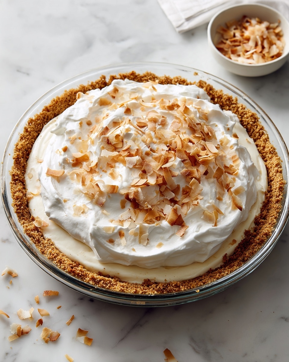 A pie with three clear layers is shown on a black cooling rack placed on a white marbled surface. The bottom layer is a thick, golden-brown graham cracker crust neatly pressed into the clear glass pie dish. The middle layer is a smooth, creamy off-white filling evenly spread on top of the crust. The top layer is a generous amount of fluffy white whipped cream with toasted light tan coconut flakes scattered on top, adding texture and color contrast. Next to the pie, there is a small white bowl with more toasted coconut flakes visible. photo taken with an iphone --ar 4:5 --v 7
