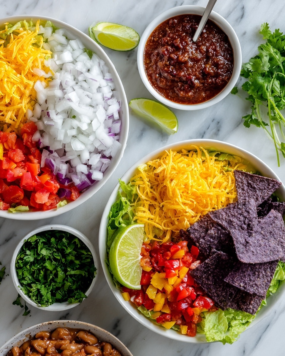Two white bowls sit on a white marbled surface, each filled with colorful layers of a vegetarian taco salad. The bowls contain diced red tomatoes in the top left, bright yellow chopped bell peppers in the top right, chopped white onions to the left center, shredded orange cheddar cheese below the onions, dark purple tortilla chips next to the cheese at the bottom center, and fresh green chopped cilantro and a lime wedge on the right side. Nearby, a smaller white bowl holds extra chopped cilantro, and another white bowl holds rich red salsa, while a third bowl with creamy black bean dip is partially visible. The scene is bright and fresh, showing a healthy and easy meal photo taken with an iphone --ar 4:5 --v 7