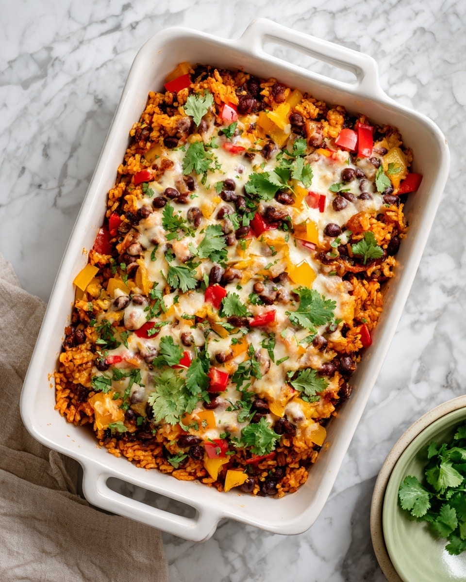 The dish is a rectangular white baking dish filled with a layered casserole. The bottom layer is made of orange seasoned rice covering the whole base. On top of the rice are scattered black beans and pieces of red and yellow bell peppers, adding pops of color. Melted white and yellow cheese is layered unevenly over the beans and peppers, creating creamy patches. Fresh green cilantro leaves are sprinkled across the top, adding a bright touch. The dish rests on a white marbled surface with a striped cloth nearby. Photo taken with an iphone --ar 4:5 --v 7
