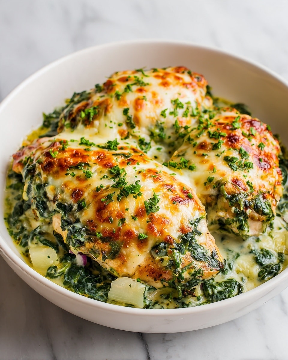 In a white bowl on a white marbled surface, there are three pieces of chicken topped with melted, golden-brown cheese. Below the chicken, there is a creamy layer of cooked spinach mixed with light green pieces of cooked leek, adding texture and color. The chicken and cheese have a slightly crispy look with small browned spots, and the whole dish is garnished with small green herb pieces sprinkled on top. photo taken with an iphone --ar 4:5 --v 7