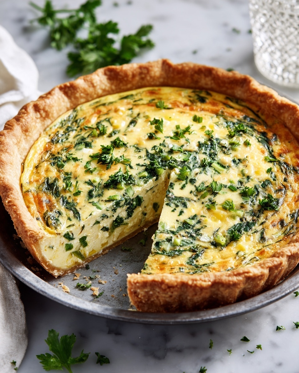 A round quiche with a golden-brown thick and flaky crust on the outer edge is placed in a silver metal pie pan. Inside, the filling has two main visible layers: the bottom layer is pale yellow and filled with cooked green spinach pieces spread evenly, while the top layer is a light yellow egg mixture mixed with small bits of melted cheese and sprinkled with finely chopped green herbs. One slice has been removed from the quiche, showing the consistent texture inside, with some small bits of crust crumbs scattered on the pie pan. The pie pan is resting on a white marbled surface, with a striped gray and white cloth near the left edge and some green parsley leaves on top right. Photo taken with an iphone --ar 4:5 --v 7