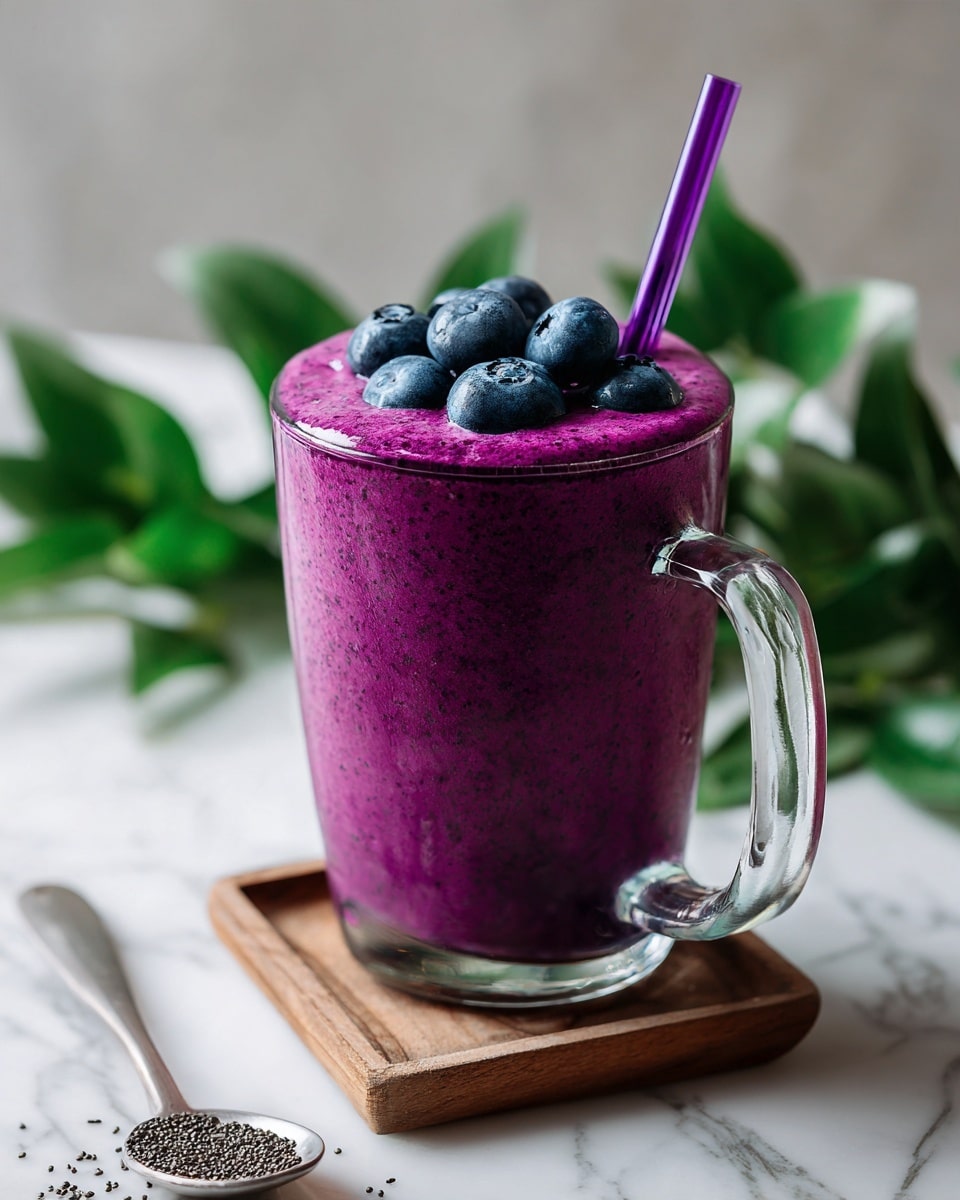 A close-up top view of a purple smoothie in a clear glass jar with a handle, topped with five fresh dark blue blueberries clustered in the center, a metal straw dipped inside the smoothie on the right side, placed on a small wooden square board over a white marbled surface; a blurred glass jar with more smoothie is in the upper left corner, and green leaves are visible in the upper right corner, with a spoon filled with black chia seeds at the bottom left. photo taken with an iphone --ar 4:5 --v 7
