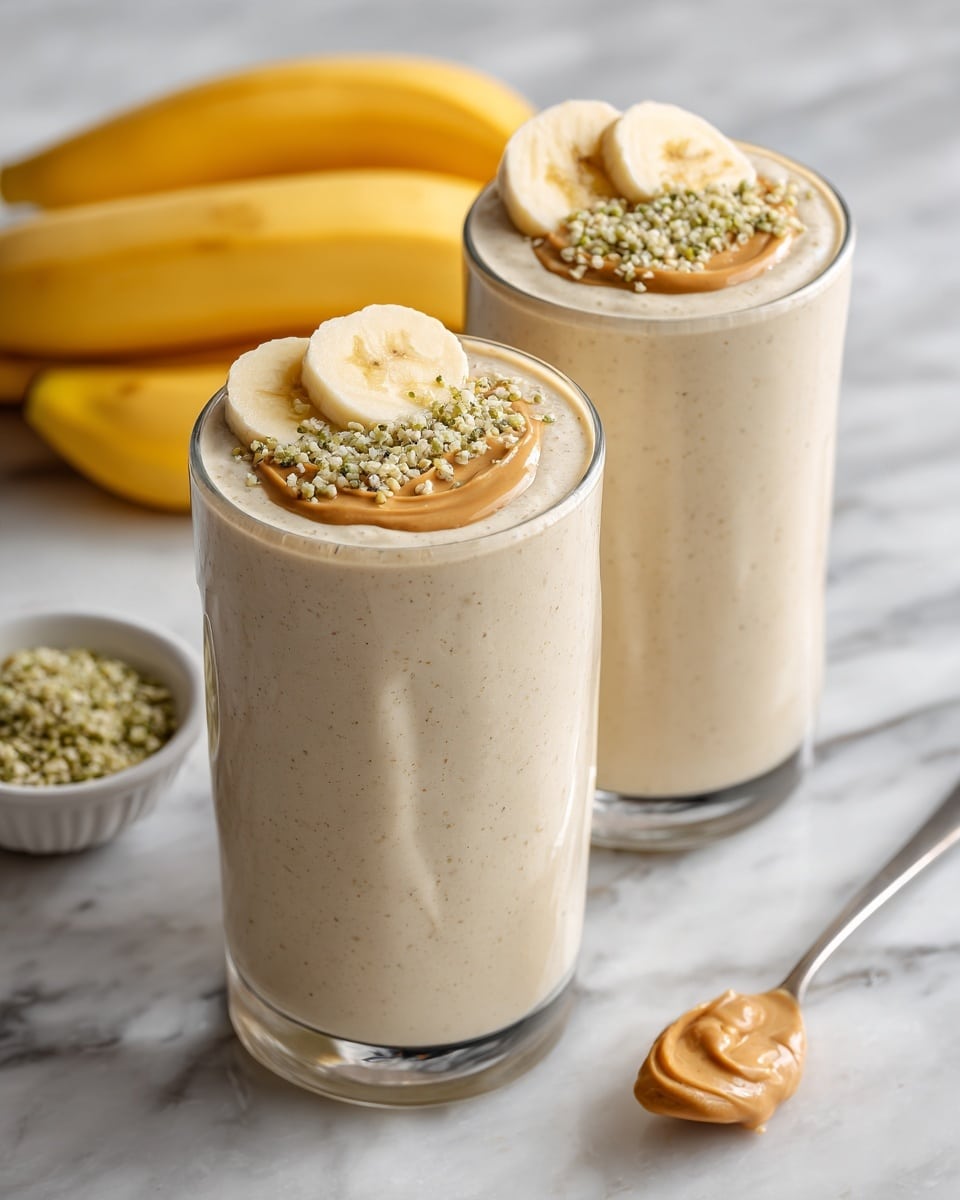 Two tall clear glasses are filled with a creamy light beige smoothie. Each glass is topped with three slices of banana, a small dollop of brown nut butter, and a sprinkle of green hemp seeds. In the background, there are two yellow bananas and a white bowl filled with hemp seeds. A silver spoon with brown nut butter rests on the white marbled surface near the glasses. The setting has soft, natural light with a clean look. Photo taken with an iphone --ar 4:5 --v 7
