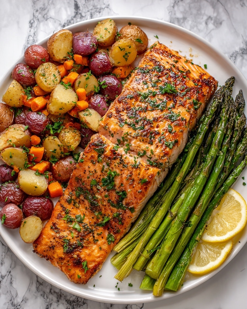 The image shows fresh ingredients laid out on a white marbled surface, including two thick, raw salmon fillets sprinkled with herbs on a piece of parchment paper in the center right. To the left of the salmon, there is a half purple onion with a shiny texture, several small light brown potatoes, and two dark green zucchinis next to a neat stack of sliced pale green zucchini rounds. A bunch of bright orange carrots with green tops is at the top left, with a rustic wooden bowl filled with chopped green herbs nearby. Four whole yellow lemons, one cut in half showing its juicy interior, are clustered in the top center. Bright green fresh dill herbs extend from the top right. At the bottom right, a clear glass container holds peeled white garlic cloves, and a small white bowl of mixed peppercorns rounds out the spread. Photo taken with an iphone --ar 4:5 --v 7