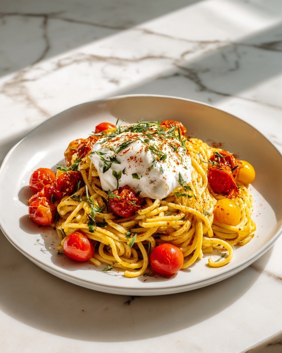 A white plate is filled with a nest of yellowish-orange spaghetti noodles, mixed with bright red cherry tomatoes scattered inside and around the pasta. On top of the noodles sits a dollop of white creamy cheese, drizzled with a sprinkle of red spice and fresh green basil leaves cut into thin strips. The plate rests on a white marbled surface, and the natural light enhances the vivid colors and textures of the dish. photo taken with an iphone --ar 4:5 --v 7