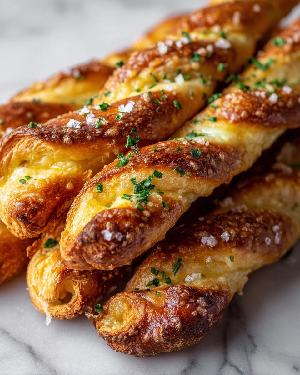 The image shows a small pile of twisted garlic breadsticks stacked on a white marbled surface. Each breadstick is golden brown with darker toasted areas and a crispy outer layer. The bread has visible flakes of coarse salt and small bits of finely chopped green parsley sprinkled generously on top. The texture looks crunchy and flaky, with the breadsticks curling and twisting unevenly, giving a homemade feel. photo taken with an iphone --ar 4:5 --v 7