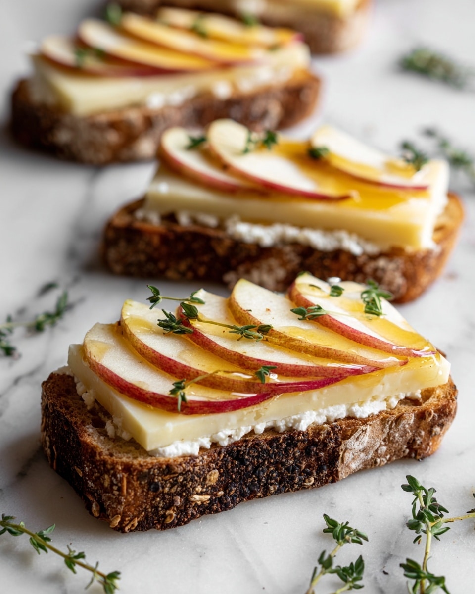 A top view of four slices of dark brown toasted bread arranged at the top, each topped with a layer of white crumbly cheese and small yellow cheese chunks. Below the toast are small bowls and ingredients arranged neatly on a white marbled surface. Starting from left, there is a white dish filled with brown pecans, next to a small clear glass bowl filled with amber honey and a honey dipper inside. On the right is another clear bowl with pale yellow sliced cheese. Three bright green apples are placed alongside, with one green apple sliced in half near the bottom. Below are three white eggs, a beige plate holding a wedge of soft white cheese with a rind, and two small clear bowls containing light yellow grated cheese and brown ground spice. At the bottom left corner, fresh green sprigs of thyme and rosemary lie next to a clear glass bowl with golden olive oil. On the bottom right, a single red apple and three whole brown walnuts are placed. photo taken with an iphone --ar 4:5 --v 7