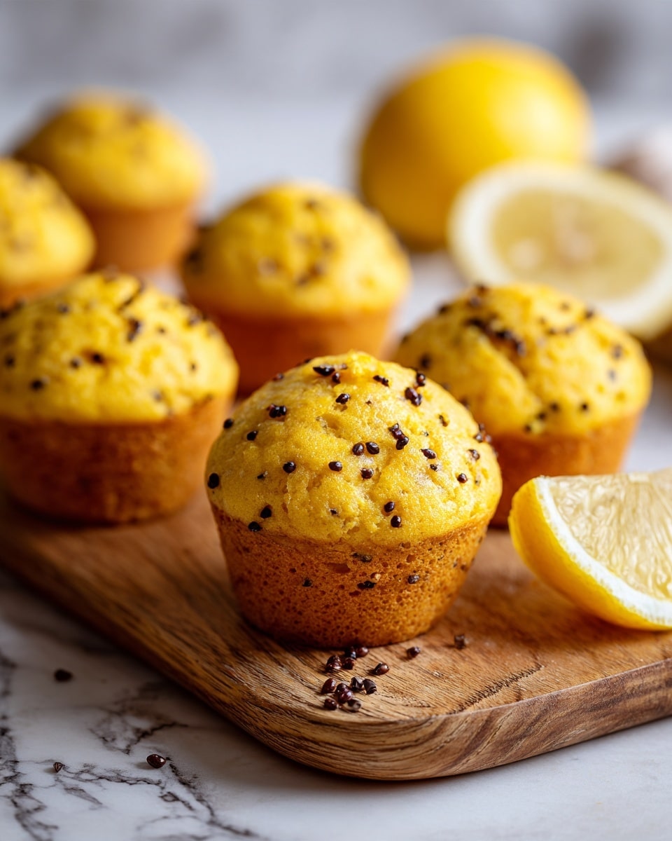 A group of seven small lemon poppy seed muffins with a golden-brown top and visible black poppy seeds are placed on a brown wooden board. The muffins have a slightly rounded top texture that looks soft and moist. In front of the muffins, there is a bright yellow lemon wedge with a textured rind and juicy interior. The background is softly blurred with more muffins and lemon halves out of focus. The surface beneath the wooden board is a white marbled texture. photo taken with an iphone --ar 4:5 --v 7
