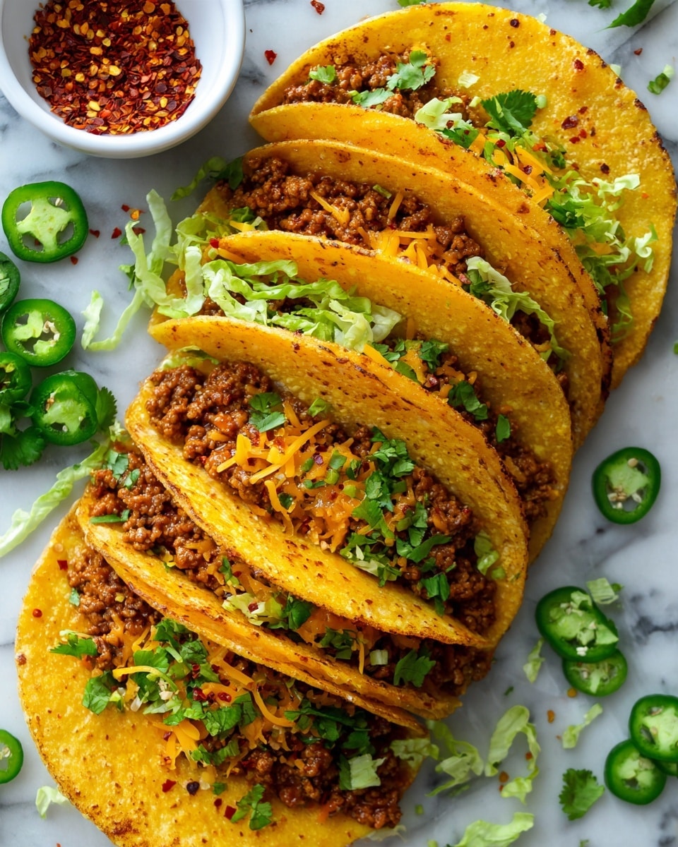 The image shows several crispy tacos on a white marbled surface. Each taco has two visible layers of toasted yellow tortillas folded in half, filled with a golden-brown mixture that looks like cooked meat and melted cheese, with some green herbs sprinkled on top. Red chili flakes and chopped fresh green cilantro leaves are scattered over the tacos for color and texture. Around the tacos, shredded green lettuce and green jalapeño slices add freshness. A small white bowl filled with red chili flakes sits to the side. photo taken with an iphone --ar 4:5 --v 7