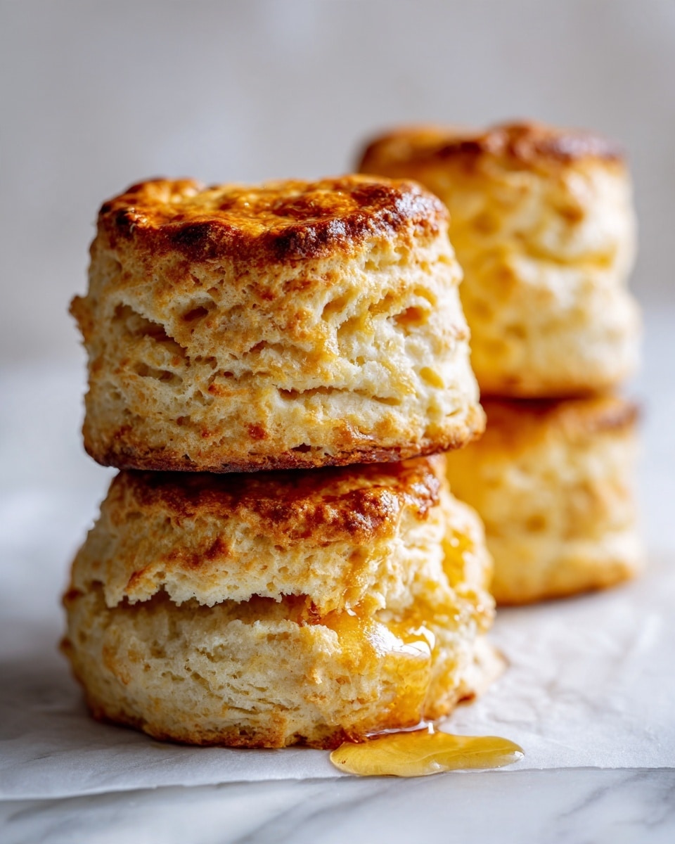 A close-up image shows three golden brown biscuits on a white marbled surface, each biscuit thick and square-shaped with a soft, fluffy, and layered texture visible on the sides. One biscuit is whole with a shiny top, another is stacked behind, and a third is split in half, showing a porous inside. There are small droplets of syrup or honey near the biscuits, adding a glossy detail to the scene. Photo taken with an iphone --ar 4:5 --v 7