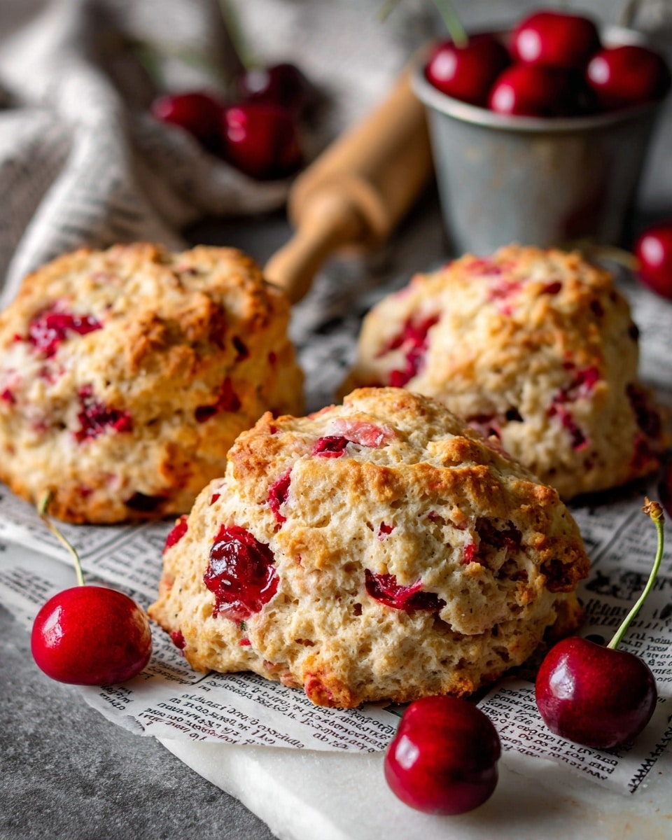 The image shows three golden brown scones with a rough, crumbly texture and irregular shapes, each with visible layers and pockets of red cherries inside. The scones rest on newspaper-style parchment placed on a metal rack. Scattered bright red whole cherries surround the scones, adding pops of color against the white marbled surface below. In the background, there is a small metal cup filled with cherries and a rolling pin lying on the marbled surface, creating a cozy baking scene. The focus is on the front scone, showing its crusty yet soft inside with juicy cherries bursting out. Photo taken with an iphone --ar 4:5 --v 7