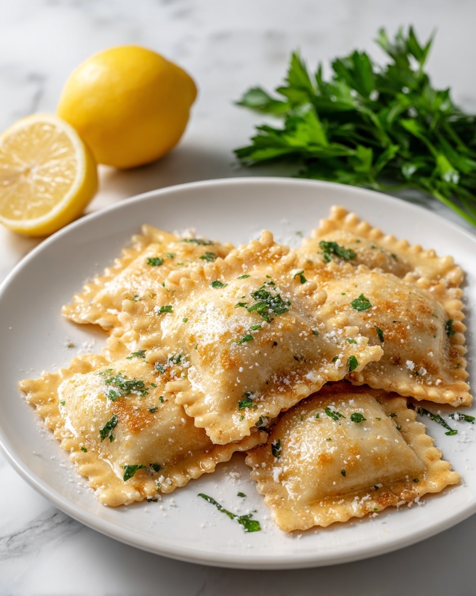 A white round plate holds four golden triangular fried pieces with small green herbs visible inside the batter. The fried pieces are lightly sprinkled with coarse salt. Behind them, there are three thin lemon slices leaning against each other. To the right of the lemon slices, there is a small bunch of fresh green parsley leaves. The plate sits on a white marbled surface. photo taken with an iphone --ar 4:5 --v 7