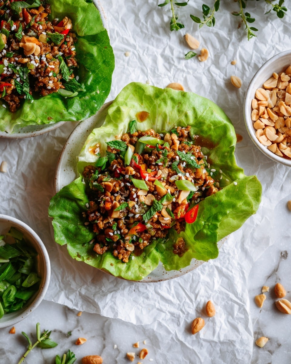 The image shows two crisp green lettuce leaves used as wraps placed on a white marbled surface. Each lettuce leaf has a layer of cooked ground mixture with finely chopped red bits, green herbs, and small seeds sprinkled over it. A light brown creamy sauce is drizzled on top, adding a glossy texture. Next to the wraps, there are two small white bowls, one filled with roughly chopped light brown nuts, and the other with finely chopped green onions. Some scattered pieces of herbs and nuts decorate the surrounding area. Photo taken with an iphone --ar 4:5 --v 7