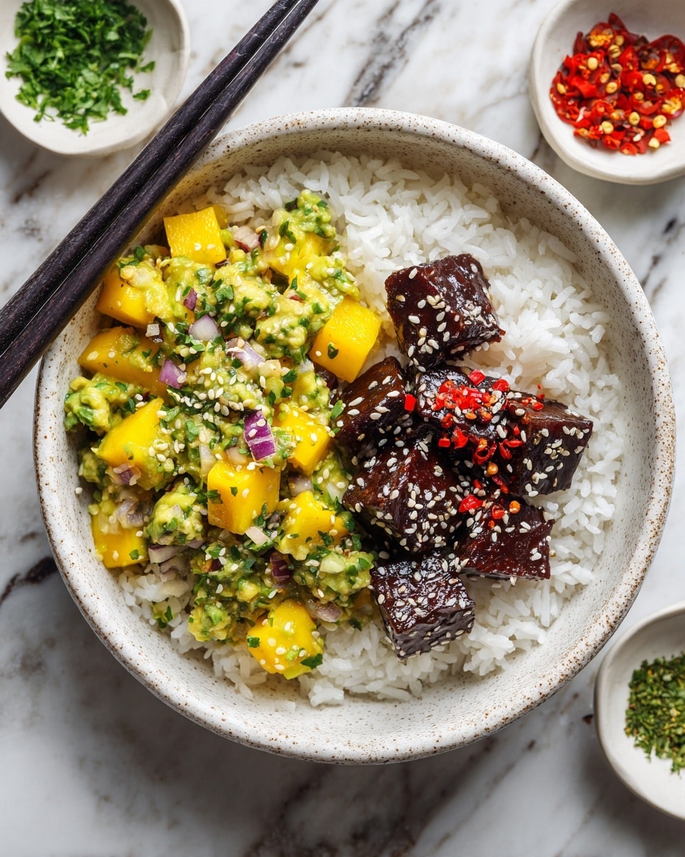 In a white speckled bowl placed on a white marbled surface, there is a layered dish starting with a base of white rice. On the left side, there are dark brown glazed cubes coated with sesame seeds and sprinkled with chopped green herbs and red chili flakes. On the right, a fresh mango salsa layer with bright yellow chunks of mango, green avocado pieces, diced cucumber, small bits of red onion, and scattered cilantro leaves adds color and texture. Black chopsticks rest on the left edge of the bowl, and small white bowls with red chili flakes and chopped green herbs surround the main bowl. Photo taken with an iphone --ar 4:5 --v 7