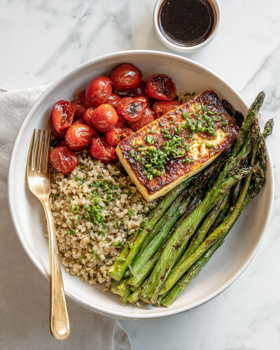 A white round plate sits on a white marbled surface, holding three layers of food: the bottom layer is a mix of cooked lentils and rice with a light brown and beige color, scattered with chopped green herbs; next to this is a layer of bright green roasted asparagus spears arranged in a neat bundle; on top rests a golden-brown grilled halloumi cheese slice with a slightly crispy texture and sprinkled with fresh green parsley. Scattered around and on top of these layers are several shiny, vibrant red cherry tomatoes. A gold fork is placed on the left side of the plate. In the background, a small white bowl holds a dark dipping sauce with visible specks of herbs. Photo taken with an iphone --ar 4:5 --v 7
