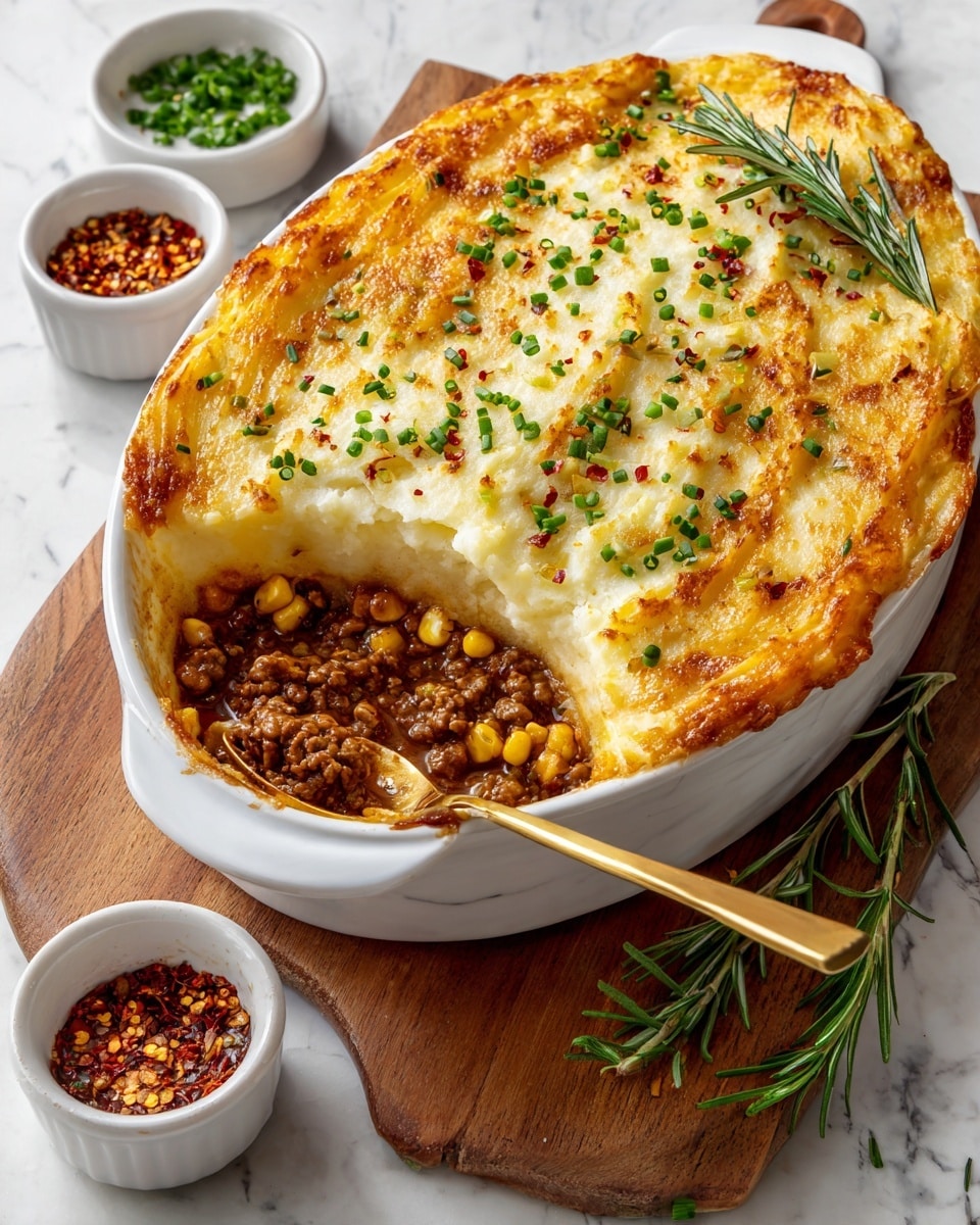 A white oval baking dish filled with a layered shepherd's pie, showing three main layers: the bottom layer with a mix of browned ground meat, peas, and corn; the middle layer of thick brown gravy surrounding the meat; and the top layer of smooth mashed potatoes browned on the edges with a golden crust, sprinkled with small green chives and rosemary leaves, with some red chili flakes scattered on top. A spoon is scooping a portion out, revealing the layers inside. Around the dish on a wooden board are two small white bowls, one with chopped green chives and the other with red chili flakes. The surface is a white marbled texture. photo taken with an iphone --ar 4:5 --v 7