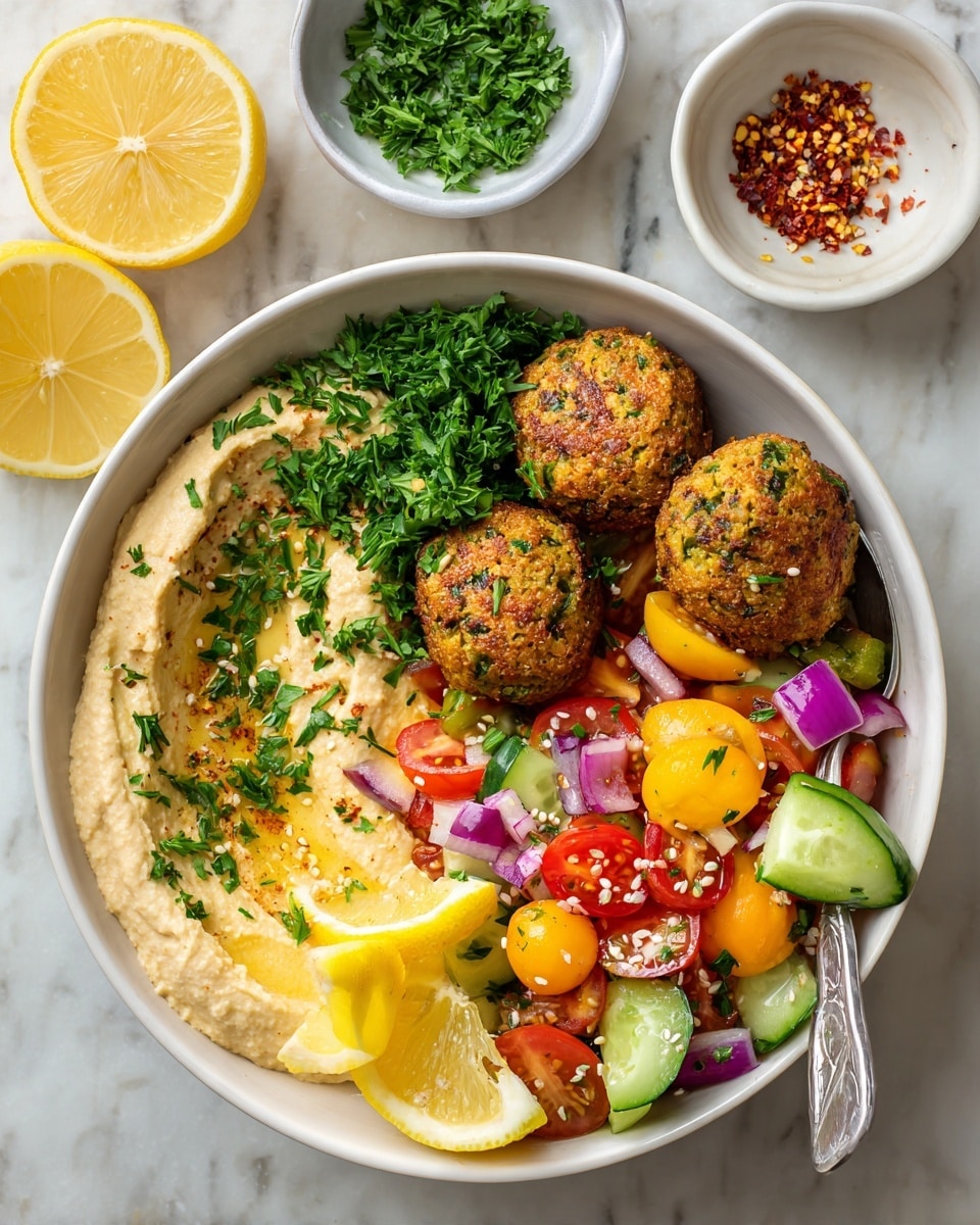 A white bowl placed on a white marbled surface holds a colorful falafel plate with four golden-brown falafel balls centered on a creamy, light beige hummus layer. To the left of the falafel, two bright yellow lemon wedges rest on the hummus. Below the falafel, vibrant green arugula leaves add a fresh texture. To the right side, a fresh cucumber and cherry tomato salad with red onion rings is arranged, showing green, red, yellow, and purple colors, sprinkled with white sesame seeds and small green herb pieces. A metal spoon is partially visible inside the bowl. In the background, two small white bowls with chopped green herbs and chili flakes sit on the white marbled surface. photo taken with an iphone --ar 4:5 --v 7