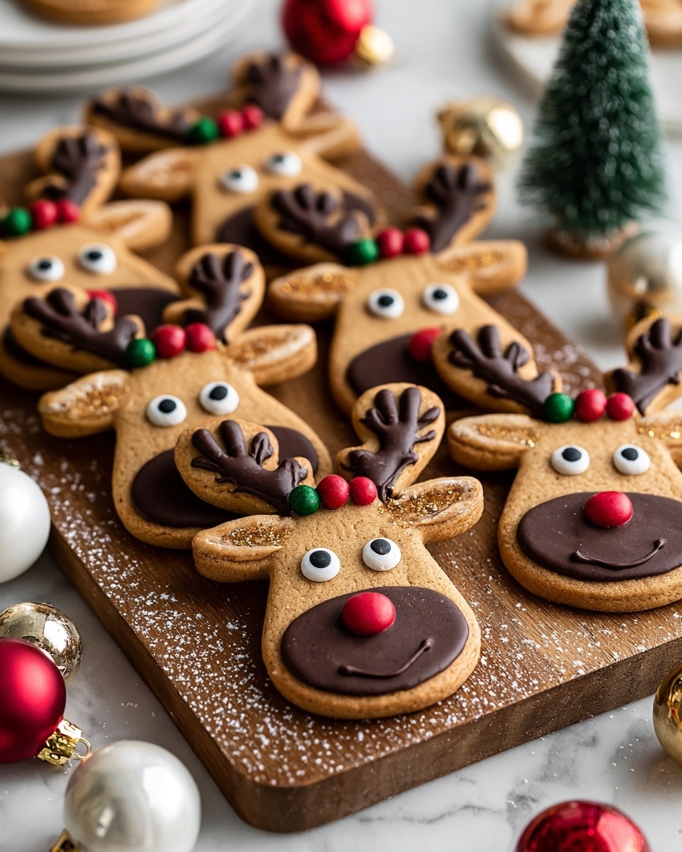 The image shows several gingerbread cookies shaped like reindeer faces, each with a brown cookie base and smooth dark brown icing covering the face part in the lower middle area. White icing is used for large round eyes with black pupils near the center. The reindeer antlers are drawn with thin dark brown icing lines extending from the top of the head, decorated with small round colorful beads in red, green, and gold. Each cookie has a shiny golden dust sprinkled lightly on the brown cookie part, especially noticeable on the face. Around the cookies, there is powdered sugar scattered on a wooden surface, adding a snowy effect. Also present are decorative Christmas ornaments in white with red and brown patterns, and small green Christmas tree figurines. The overall look is festive with a warm, cozy holiday feel. photo taken with an iphone --ar 4:5 --v 7