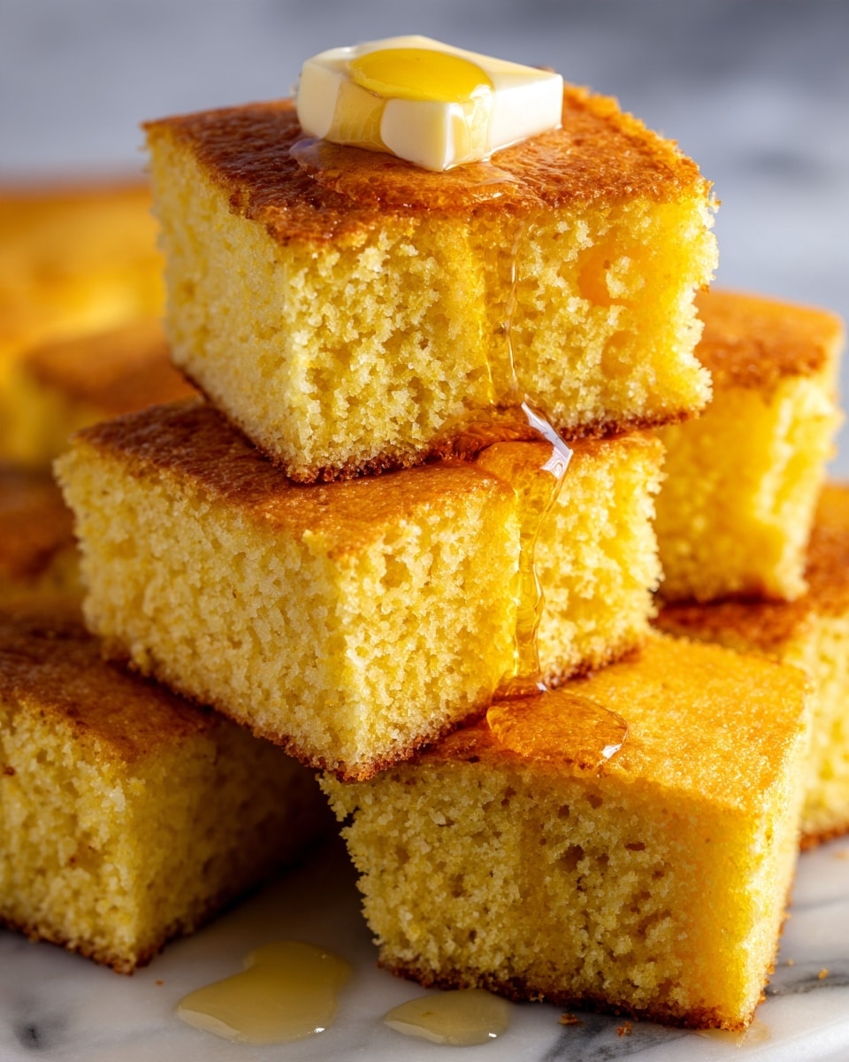 The image shows a close-up of a stack of four square pieces of golden cornbread with a light brown crust and a moist, soft texture inside. The top square has a small pat of melting butter in the center, with shiny amber syrup drizzled over it and slightly running down the sides. The cornbread pieces are stacked unevenly, showing the crumbly interior and crispy edges clearly. The background features a white marbled surface. photo taken with an iphone --ar 4:5 --v 7