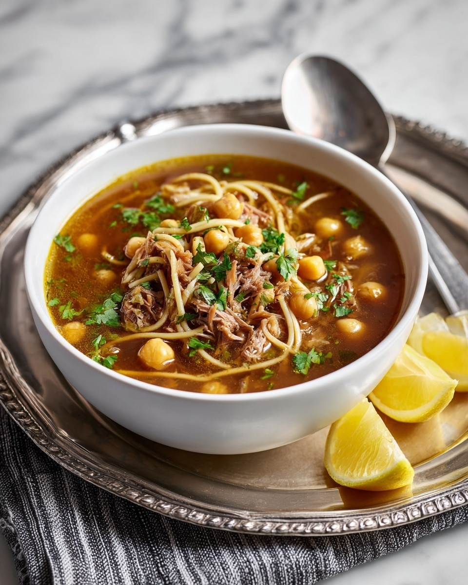 A white bowl filled with a chunky soup containing small pasta shapes, chickpeas, pieces of tomato, and green herbs scattered on top. The soup has a rich brown color with visible bits of meat and vegetables. The bowl sits on an ornate silver plate with a silver spoon resting on the right side. Two lemon wedges are placed on the plate near the bottom of the bowl. The background is a white marbled surface with a striped cloth underneath the plate. Photo taken with an iphone --ar 4:5 --v 7