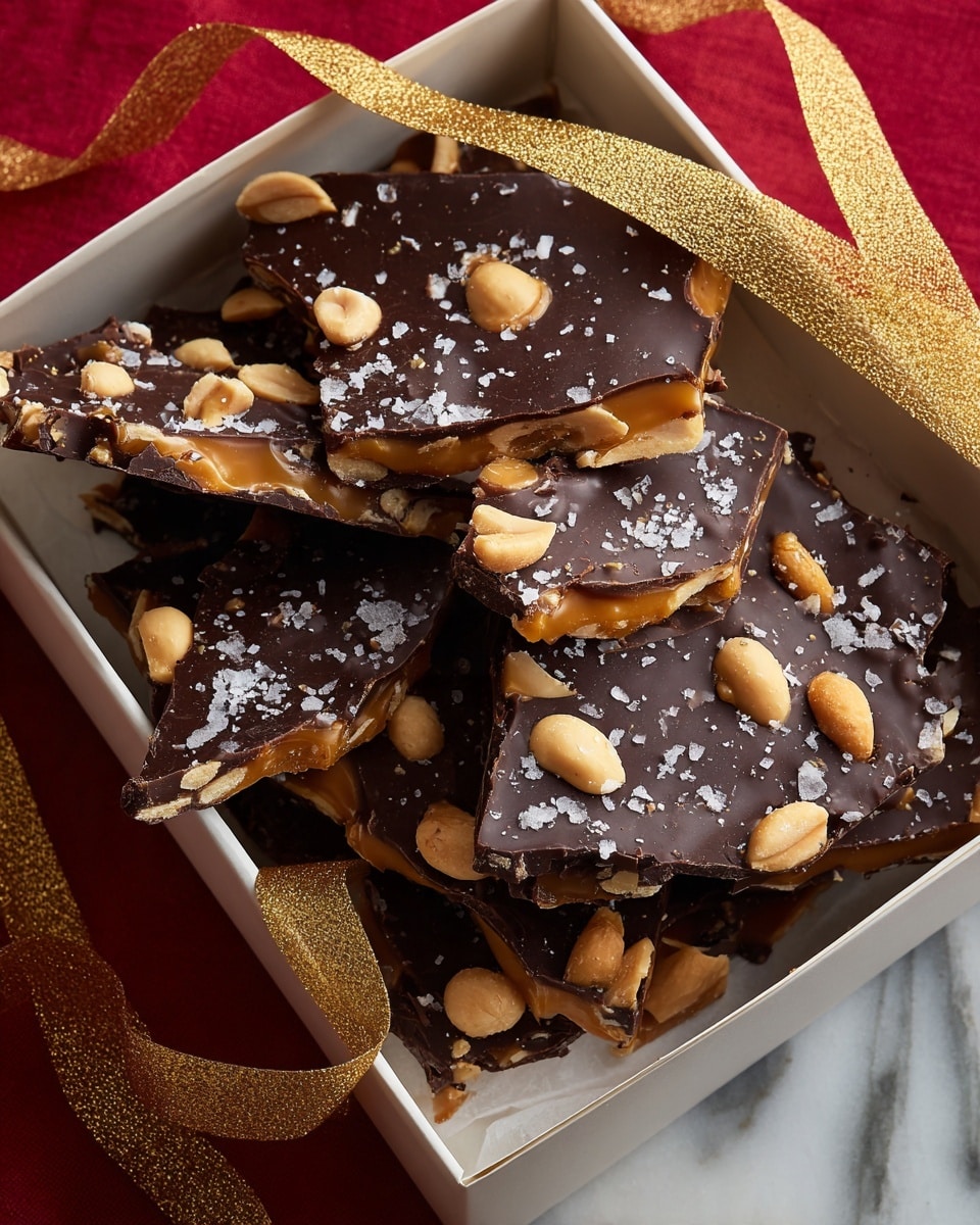 The image shows a white box lined with white paper that has small red reindeer and snowflake prints, filled with multiple uneven pieces of dark chocolate bark. Each piece has two visible layers: a smooth, shiny dark chocolate top sprinkled with whole light brown peanuts and coarse sea salt crystals, and a thicker base layer with a caramel-colored, slightly glossy texture. Some pieces are broken, revealing bits of caramel and nuts inside. Thin golden ribbons are draped softly over and around the chocolate pieces, creating a festive feel. The box rests on a white marbled surface with red Christmas decorations visible around it. photo taken with an iphone --ar 4:5 --v 7