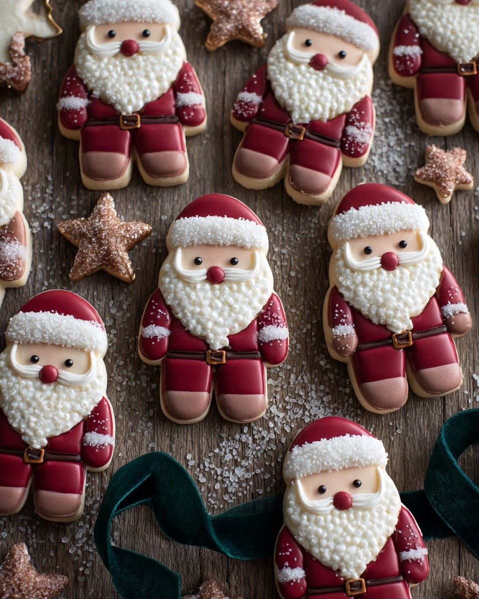 The image shows several Santa-shaped cookies with three main layers: the top layer is white textured cream creating the beard, mustache, and hat trim in small, detailed dollops; the middle layer is red smooth dough forming Santa's jacket and hat; and the bottom layer is beige dough forming the face, hands, and feet. Each Santa has dark chocolate chips for eyes and buttons, and a small round red candy nose. The cookies are placed on a dark wooden surface sprinkled with large white sugar crystals, with an old copper Christmas tree cookie cutter and a dark green velvet ribbon weaving through the scene. Photo taken with an iphone --ar 4:5 --v 7