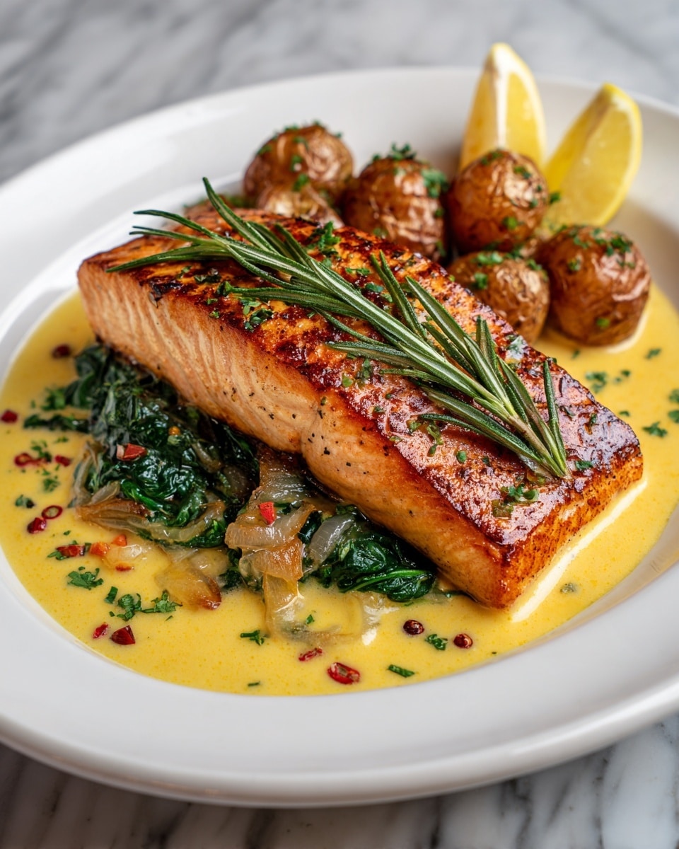 The dish shows one large grilled salmon fillet placed diagonally on a shallow white plate filled with a creamy orange sauce. The salmon has a golden-brown surface with grill marks and is topped with fresh rosemary sprigs. On the left side under the salmon, there is a layer of cooked spinach mixed with onions, covered partly by the sauce. On the right side, there are several small roasted golden potatoes sprinkled with fresh herbs and small bits of red seasoning, next to two lemon slices at the edge of the plate. The whole plate sits on a white marbled surface. Photo taken with an iphone --ar 4:5 --v 7