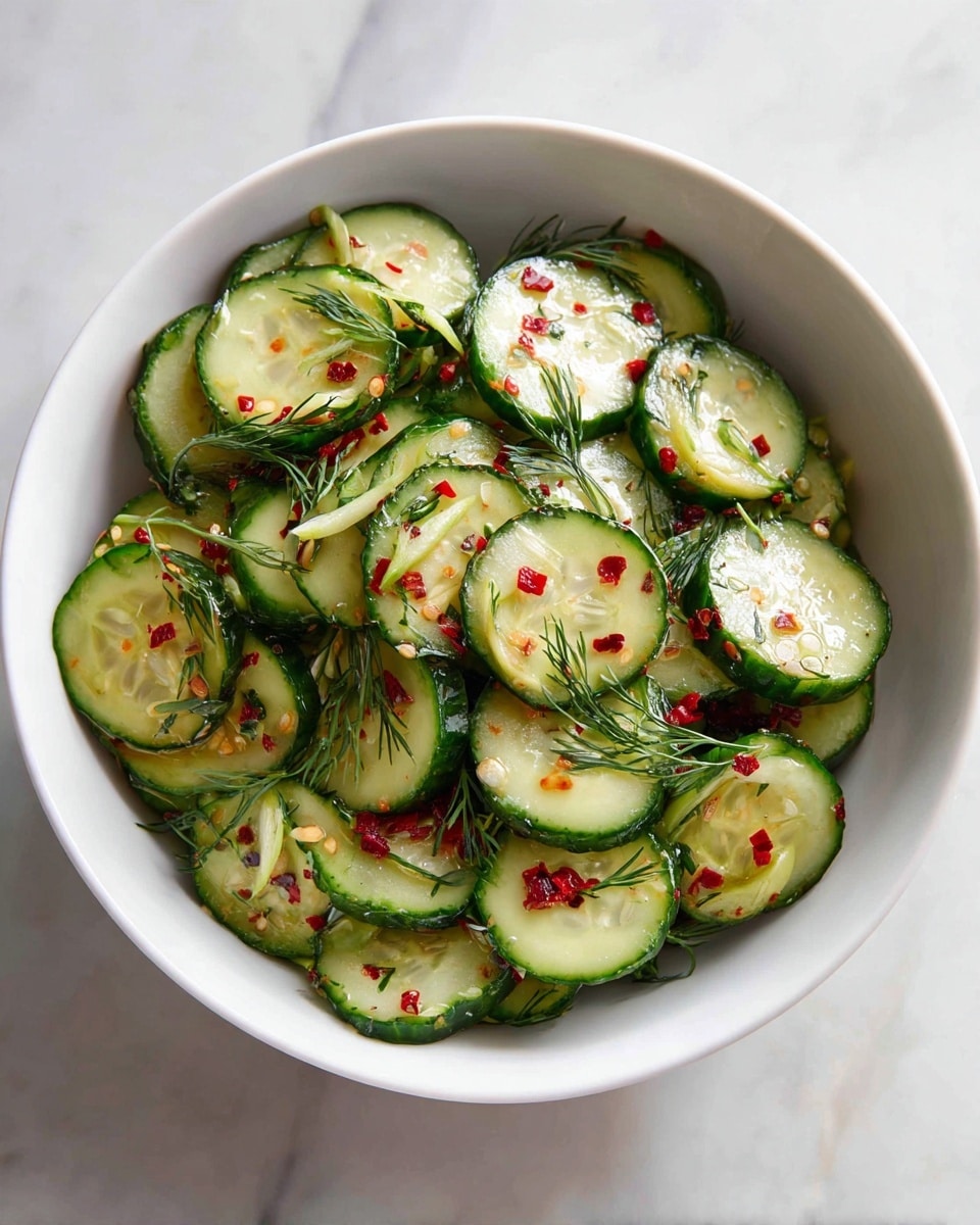 A white bowl holds a simple cucumber salad with about two layers of thin, bright green cucumber slices, each showing a fresh sheen. Mixed across the cucumbers are small green dill sprigs and thin white pieces, likely onion or garlic. Tiny red chili flakes are lightly scattered over the salad, adding small spots of red. The bowl sits on a white marbled surface, enhancing the fresh look. The overall texture looks light and fresh, with glossy cucumbers and soft herbs. photo taken with an iphone --ar 4:5 --v 7