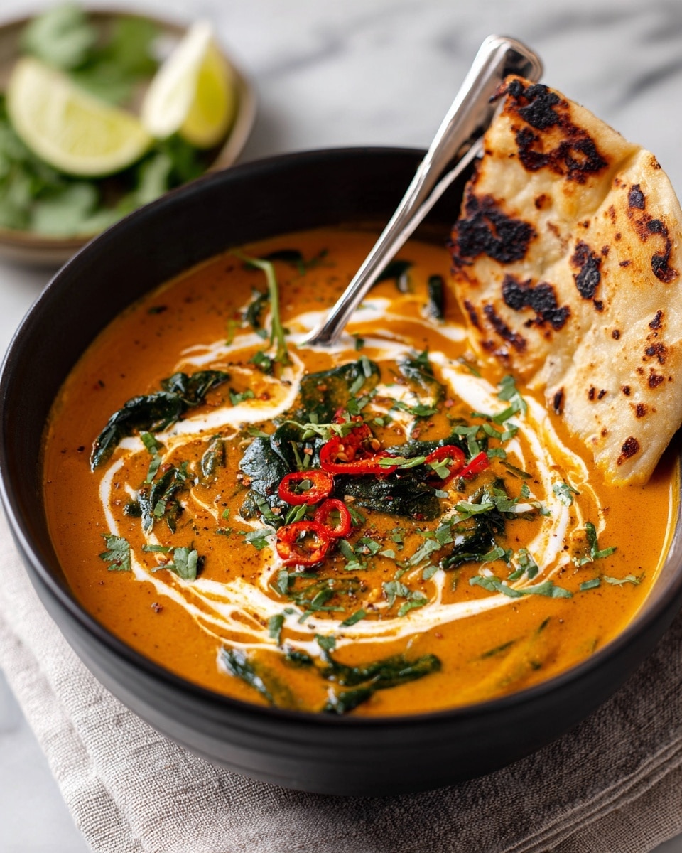 A black bowl sits on a light gray cloth over a white marbled surface, filled with a thick orange soup that has visible green leafy pieces and small red chili slices on top. The soup is garnished with a swirl of white cream and small chopped green herbs. Resting on the bowl's edge are two pieces of browned flatbread, showing a crispy texture. A woman's hand holds one piece of the flatbread, lifting it slightly. A lime wedge and scattered green leaves are partially visible in the background. photo taken with an iphone --ar 4:5 --v 7