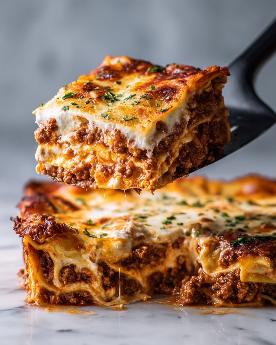 A close-up of a golden baked lasagna slice being lifted from a white pan on a white marbled surface. The lasagna has three visible layers: a top layer of melted, bubbly, browned cheese with green herb sprinkles, a middle layer of creamy white sauce, and a thick bottom layer of rich, red meat sauce with bits of ground meat. The edges of the pasta sheets are soft and soaked in sauce. The background shows the lasagna still in the pan with a smooth melted cheese surface and small herb sprinkles scattered on top. photo taken with an iphone --ar 4:5 --v 7