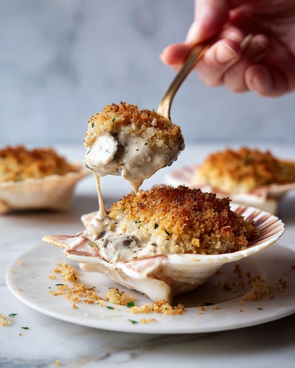 A dish served in a scallop shell with a golden brown crispy crumb topping covers a creamy, light beige sauce filled with small chunks of mushrooms inside. A silver spoon scoops up a portion of the creamy sauce, revealing its thick texture with bits of mushroom visible. The shell rests on a white marbled surface with scattered crumbs around it and additional empty scallop shells nearby. The colors are warm from the crispy topping and neutral from the creamy sauce, creating a rich and inviting look. photo taken with an iphone --ar 4:5 --v 7