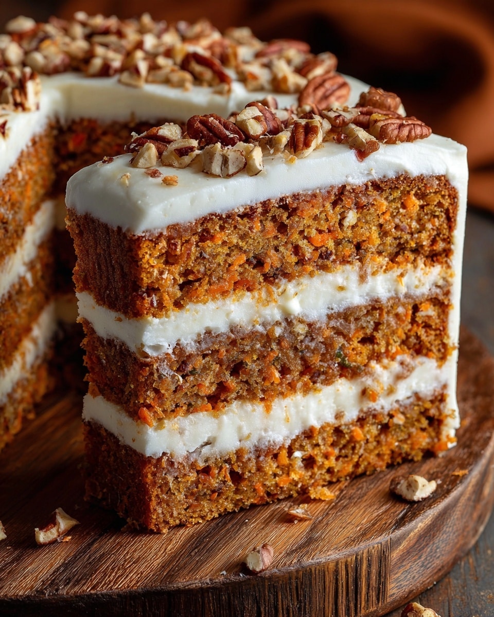 The image shows a rectangular layered cake with four thick layers of soft brown cake and three thick layers of creamy white frosting in between, all aligned neatly. The top layer is fully covered with creamy frosting and is sprinkled with small pieces of chopped nuts, giving a crunchy texture and a rich look. The cake sits on a wooden board, and the background is softly blurred with warm tones. photo taken with an iphone --ar 4:5 --v 7
