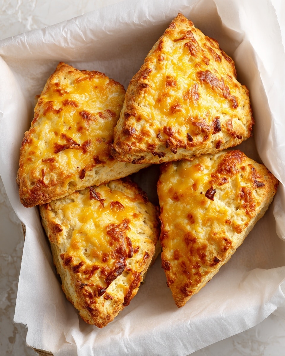 The image shows four triangular cheese scones with a golden brown crust on top, sitting on white parchment paper that lines a white dish. The scones have a slightly rough, crumbly texture with melted cheese forming an uneven, bubbly pattern across the top surface. The edges and corners of the scones are golden and crispy, while the inner parts are lighter and softer looking, with some small crumb bits around them. The background shows a white marbled texture, adding a clean and simple look to the scene. photo taken with an iphone --ar 4:5 --v 7
