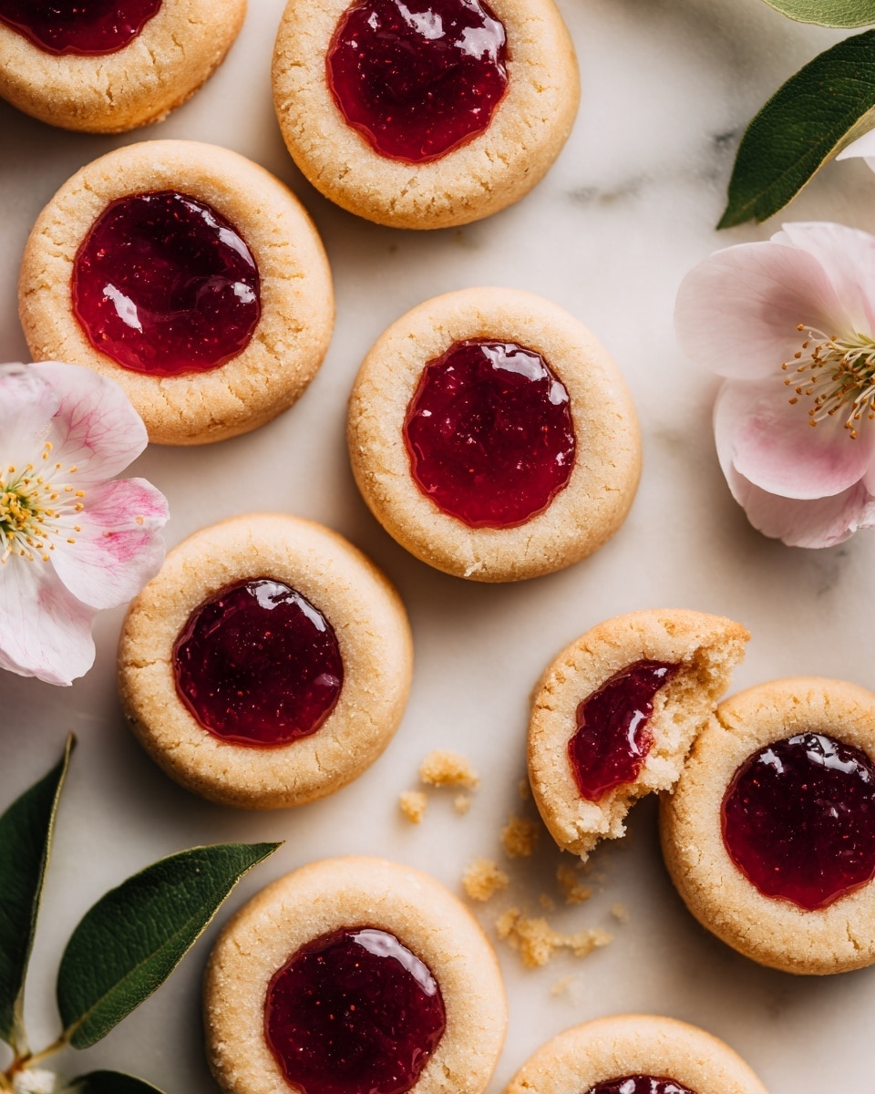 The image shows many round thumbprint cookies with a light golden brown base and a shiny red jam filling in the middle of each one. The jam is glossy and smooth, sitting in a small hollow in the cookie, and the cookie edges are slightly raised and soft-looking. Some cookies are stacked or partially overlapping each other on a white marbled surface. Around the cookies, there are pink and white flowers with dark green leaves adding color and freshness to the scene. One cookie is partly eaten, showing the soft texture inside. Photo taken with an iphone --ar 4:5 --v 7
