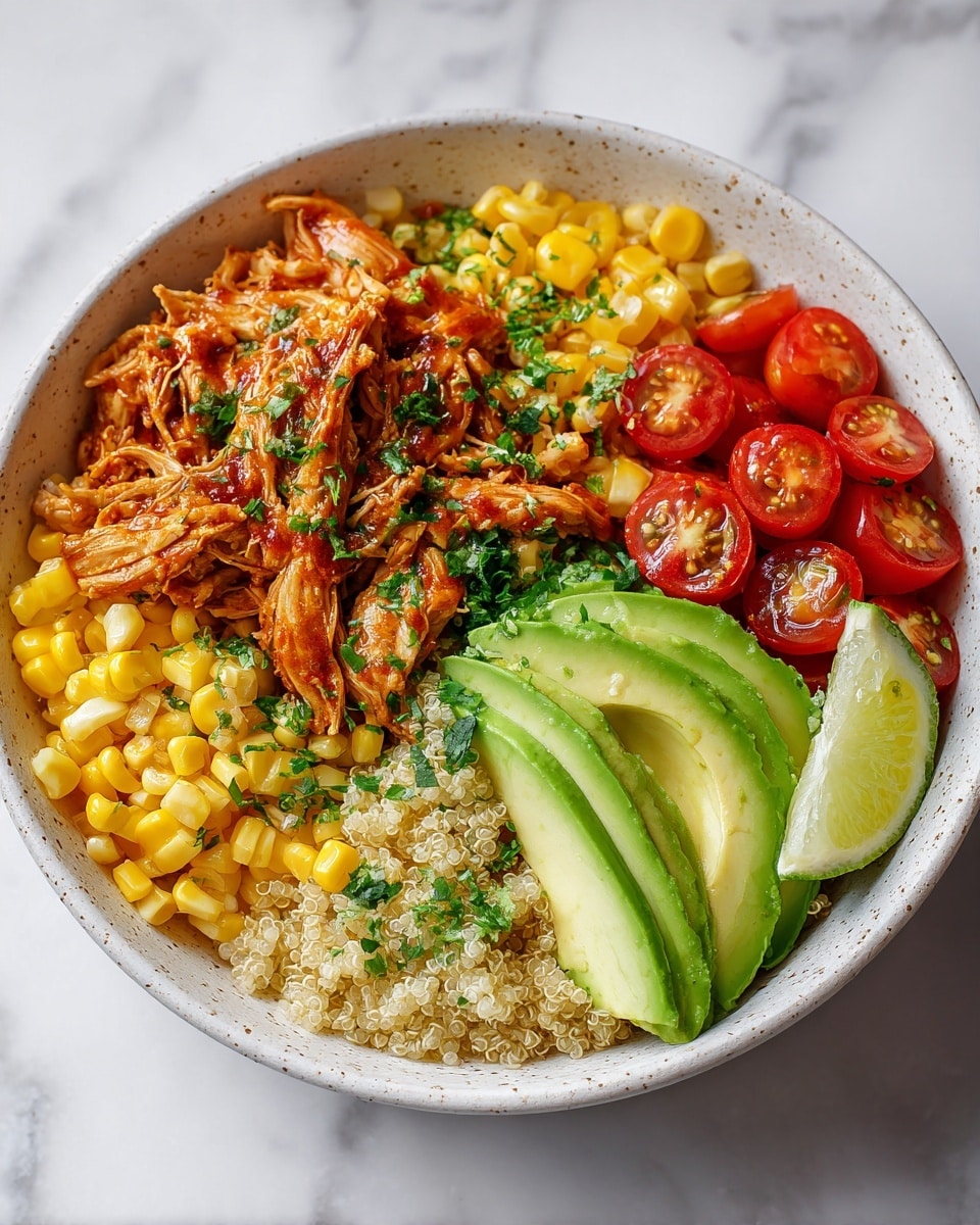 A white speckled bowl sits on a white marbled surface filled with four main layers: in the top left is shredded brownish-orange chicken with a saucy texture and green herb pieces on top; next to it on the top right is bright yellow grilled corn with a slightly charred look; to the right side is a row of glossy red cherry tomato halves with green herbs scattered between them; the bottom half of the bowl holds a light beige grain layer topped with fresh green herb pieces, with sliced pale green avocado placed on the right side and a wedge of light green lime at the bottom left edge of the grains. photo taken with an iphone --ar 4:5 --v 7