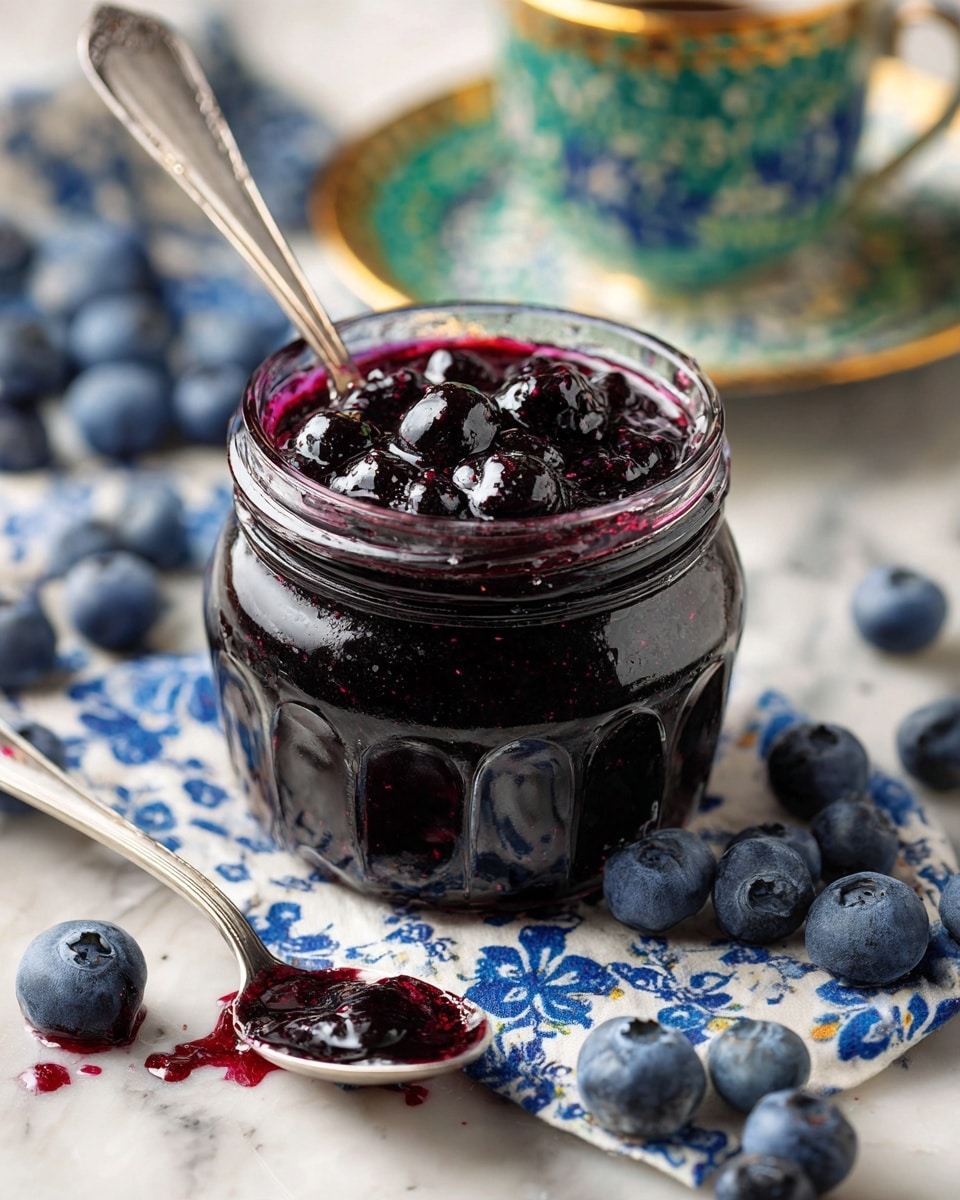A small clear glass jar filled with dark purple blueberry jam, showing the shiny and thick texture with whole blueberries inside. The jam nearly fills the jar to the top, with a bit spilling over the rim. Around the jar, there are scattered fresh blueberries on a white marbled surface covered partially by a blue and white patterned cloth. A silver spoon with some jam and blueberries rests near the jar, creating some small purple jam drops on the surface. In the blurred background, a white plate with gold trim holds pancakes, and a green cup with a white inside and gold rim sits to the right. Photo taken with an iphone --ar 4:5 --v 7