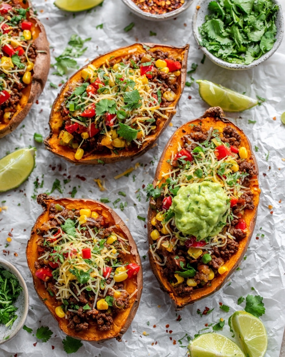 The image shows halved roasted sweet potatoes on a white marbled surface, each filled with layers of toppings. The first layer inside the potato is a vibrant orange soft sweet potato flesh, followed by a layer of cooked minced meat mixed with yellow corn kernels. On top of the meat, there are small diced red tomatoes scattered along with finely chopped green herbs. A loose sprinkle of shredded yellow and white cheese covers some parts, and one of the sweet potato halves is topped with a generous dollop of light green creamy guacamole. Around the potatoes, fresh green herbs and some crushed red pepper flakes are scattered, with a lime wedge placed nearby. The photo taken with an iphone --ar 4:5 --v 7