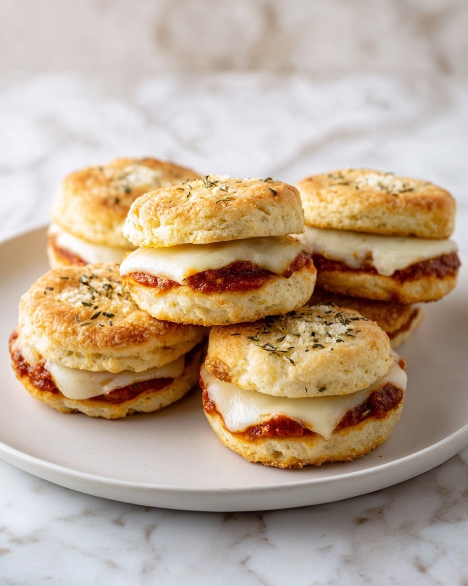 The image shows five small sandwiches placed on a white plate, set on a white marbled surface. Each sandwich has three layers: a soft, golden-brown biscuit top sprinkled with grated cheese and herbs; in the middle, a layer of red tomato sauce with some herbs and a slice of melted white cheese that slightly drapes over the edges; the bottom layer is a thick, fluffy biscuit base that looks light and soft. The sandwiches are arranged in a loose cluster, with some space in between them. photo taken with an iphone --ar 4:5 --v 7