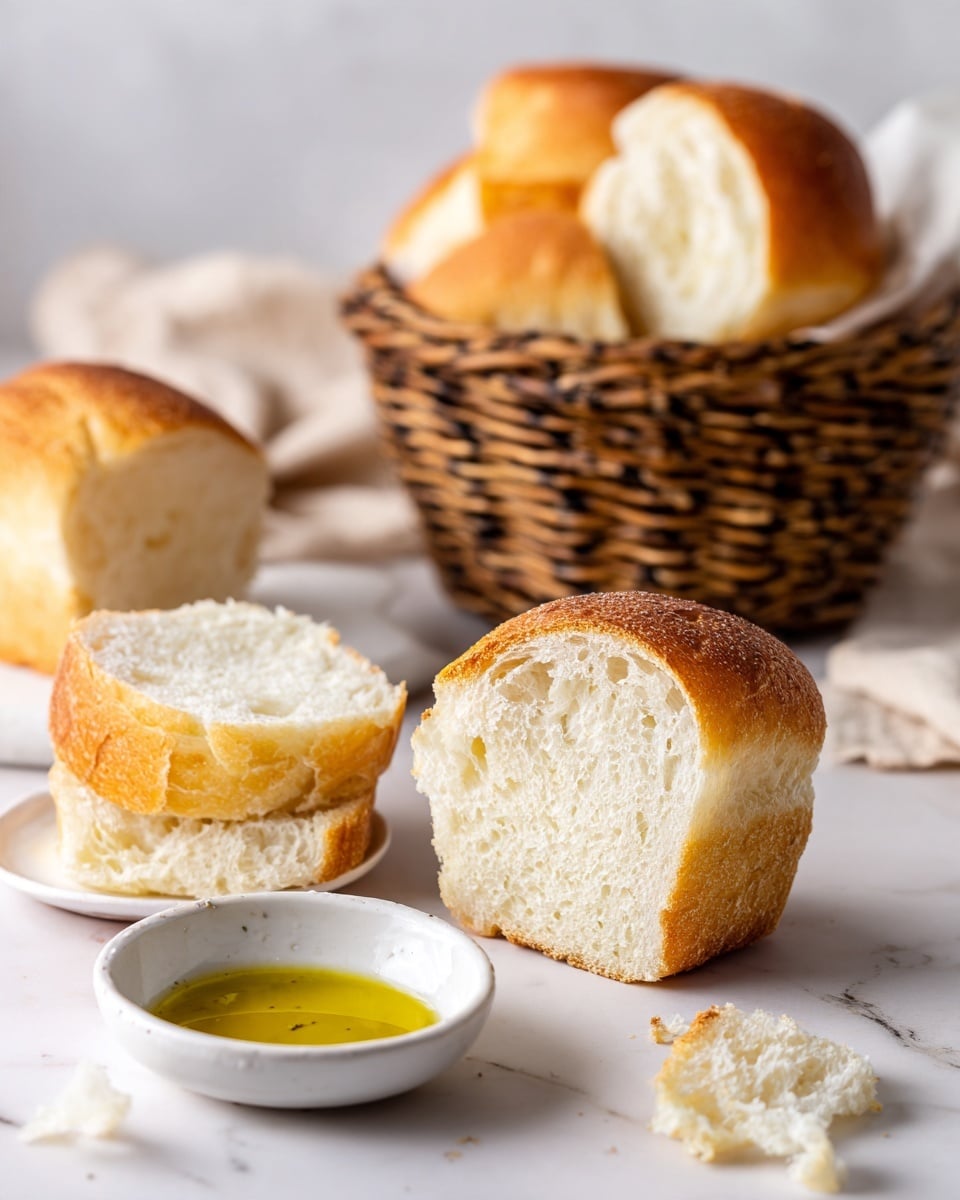 The image shows a wicker basket with a large loaf of soft, pale yellow bread sitting inside it. In front of the basket on a white marbled surface, there are several slices and small pieces of the bread, some with a light brown crust and fluffy white inside. A small white plate with a yellowish dipping sauce and a couple of bread pieces resting in it is placed to the side. The background is blurred with a dark bottle and a grey cloth visible. The photo taken with an iphone --ar 4:5 --v 7