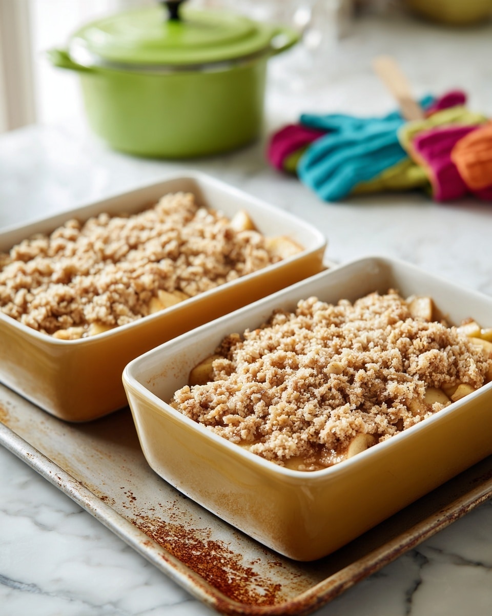The image shows a rectangular aluminum tray filled with a two-layer dessert placed on a white marbled surface. The bottom layer consists of chunky, light brown baked apple pieces with a soft texture visible at the edges. The top layer covers the apples completely and is made of crumbly, beige oat streusel with a coarse, rough texture. To the right, the corner of a glass baking dish with the same dessert layers is partially visible. In the background, there is a blurred green butter dish and floral-patterned oven mitts. Photo taken with an iphone --ar 4:5 --v 7