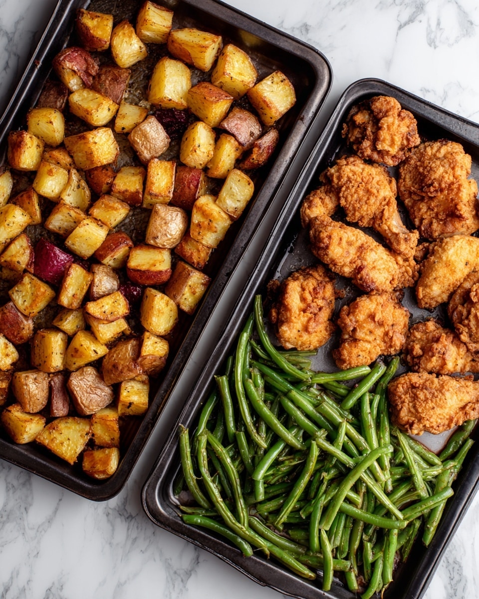 The image shows two baking trays with cooked food on a white marbled surface. The front tray is divided into two parts: the left side has golden-brown, crispy potato cubes with red skin, and the right side has bright green, cooked green beans cut into pieces. The tray behind it contains several pieces of golden-brown fried chicken with a crunchy texture, arranged loosely across the tray. There is slight steam rising from the food, showing it is hot. The photo taken with an iphone --ar 4:5 --v 7