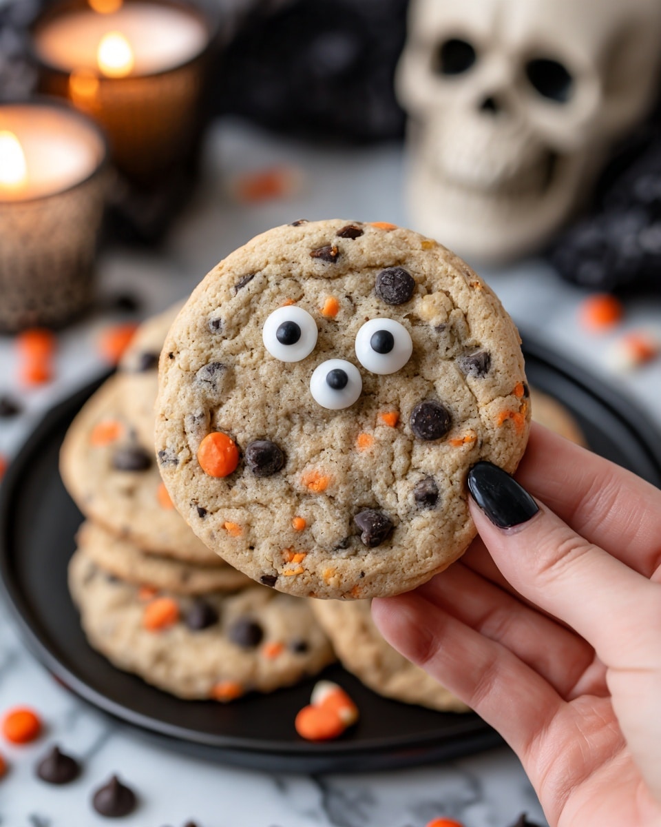 A close-up of a cookie held by a woman's hand with dark nail polish. The cookie is light brown with dark chocolate chips and small orange and black bits mixed in, featuring two white candy eyes with black pupils near the top center. Behind, a white plate with more cookies of the same type is visible, placed on a white marbled surface. The background includes two glowing yellow candles and a blurry white skull decoration, creating a cozy, slightly spooky atmosphere. photo taken with an iphone --ar 4:5 --v 7