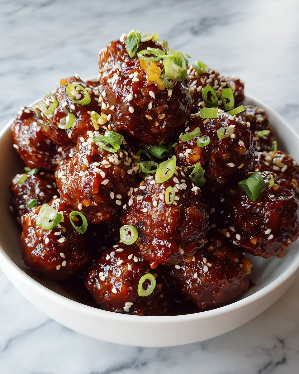 A white bowl filled with a pile of shiny, dark brown meatballs covered in a sticky sauce, each meatball topped with small green onion slices and sprinkled with white sesame seeds, all placed on a white marbled surface. photo taken with an iphone --ar 4:5 --v 7