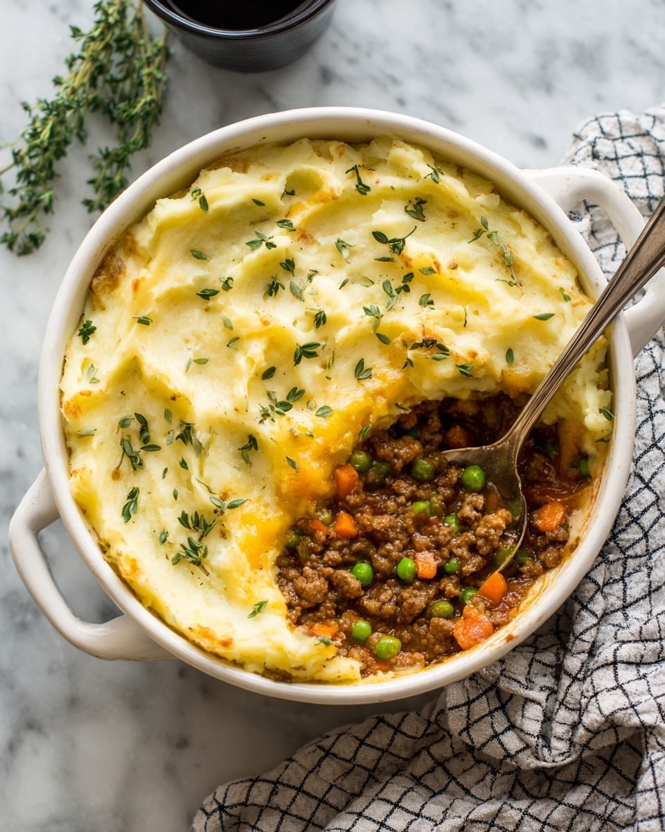 A white round dish filled with two layers: the bottom layer is dark brown cooked minced meat mixed with bright orange carrot pieces and green peas, visible on one side where a spoon is scooping it out; the top layer is a thick, creamy pale yellow mashed potato spread evenly with soft textured peaks and sprinkled with small green herb leaves; the edges show a golden crust where the mashed potato meets the dish; the dish sits on a white marbled surface with green herb sprigs and a light grey cloth nearby, a spoon rests inside the dish lifting some filling photo taken with an iphone --ar 4:5 --v 7