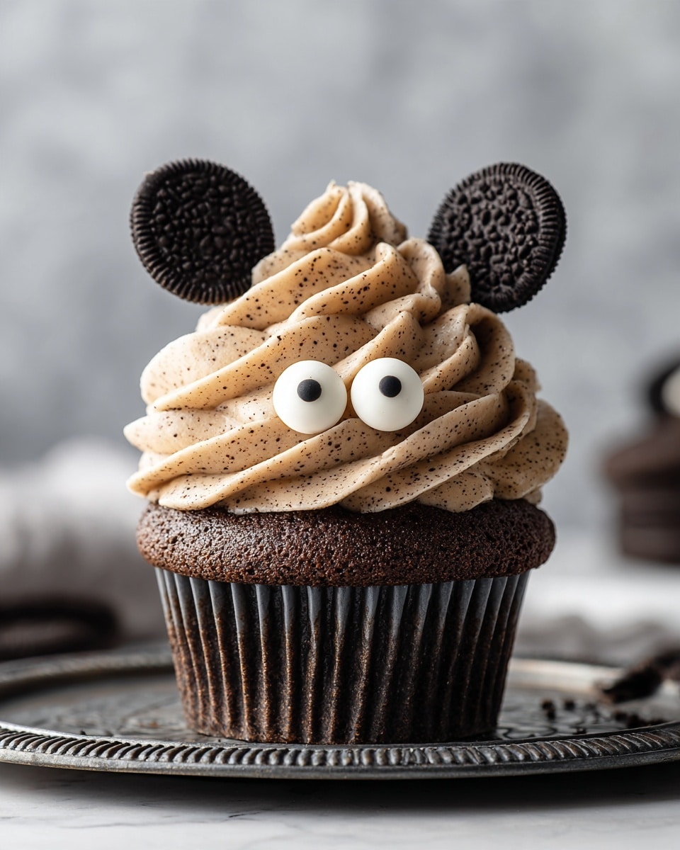 This cupcake has three main parts: at the base is a dark brown cake in a white paper liner, topped with a thick swirl of light grey frosting speckled with dark crumbs. The frosting is shaped in a tall, spiral mound with two white round candy eyes near its peak, each with a small black dot in the center. Two dark chocolate cookie halves are placed on either side of the frosting near the top, resembling ears. The cupcake sits on a black decorative plate with an intricate pattern, all set on a white marbled surface. photo taken with an iphone --ar 4:5 --v 7